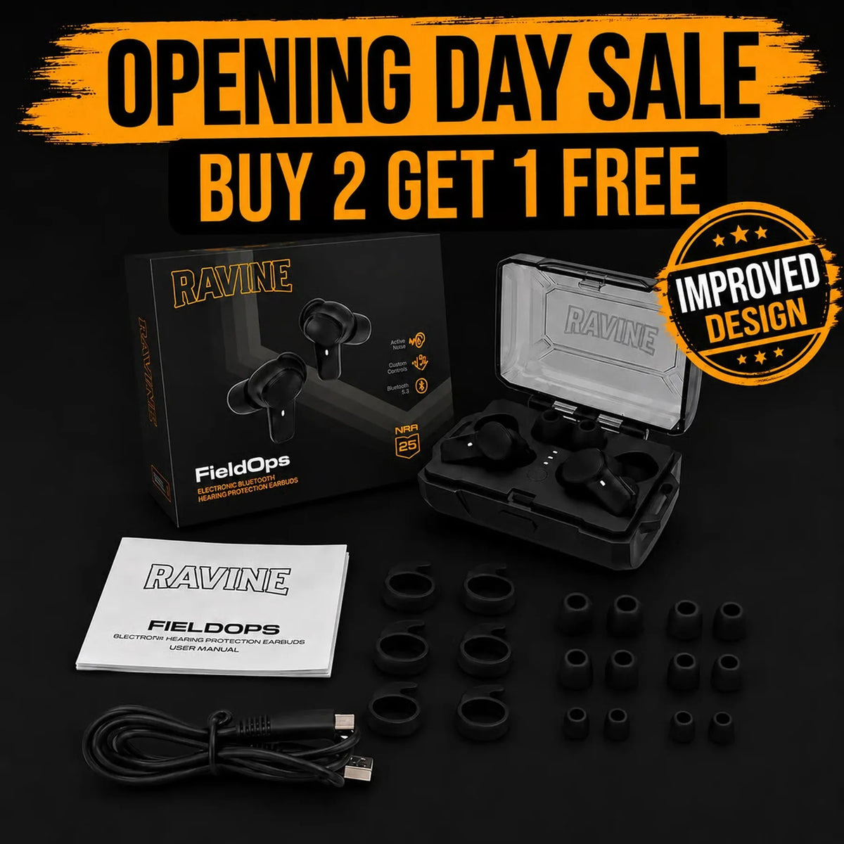 Ravine FieldOps earbuds with packaging, case, and accessories under an 'Opening Day Sale' banner.